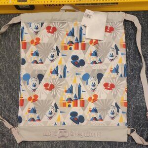 Disney World Drawstring Backpack Bag - Mickey Mouse and Castle Gray NWT